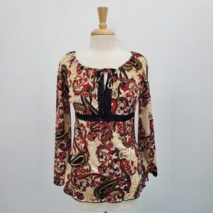 MKM Designs Womens Paisley Print Keyhole‎ Neck Long Sleeve Blouse Top Size L